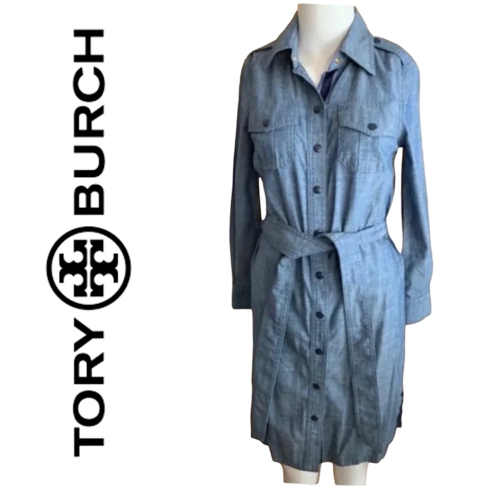 TORY BURCH Light Blue Denim Chambray Button Front Dress Size 2